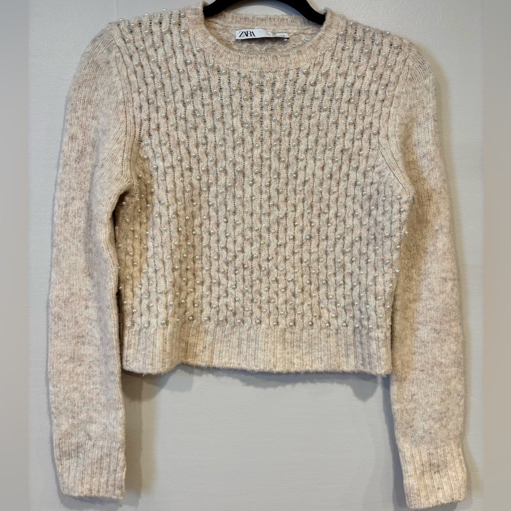 Zara Pearl Embellished Wool Blend Sweater Size Small